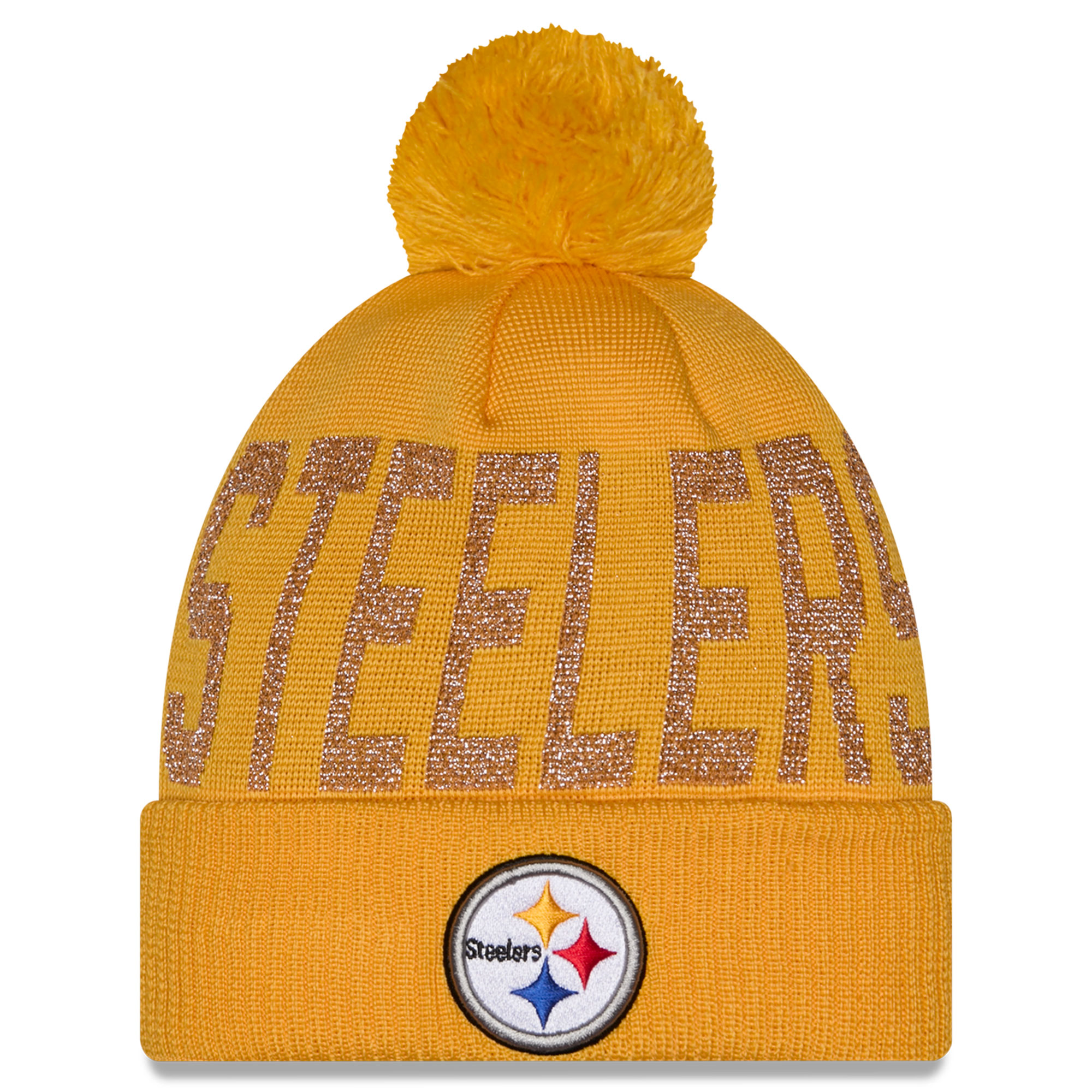 Women's New Era Gold Pittsburgh Steelers Shimmer Cuffed Knit Hat with Pom