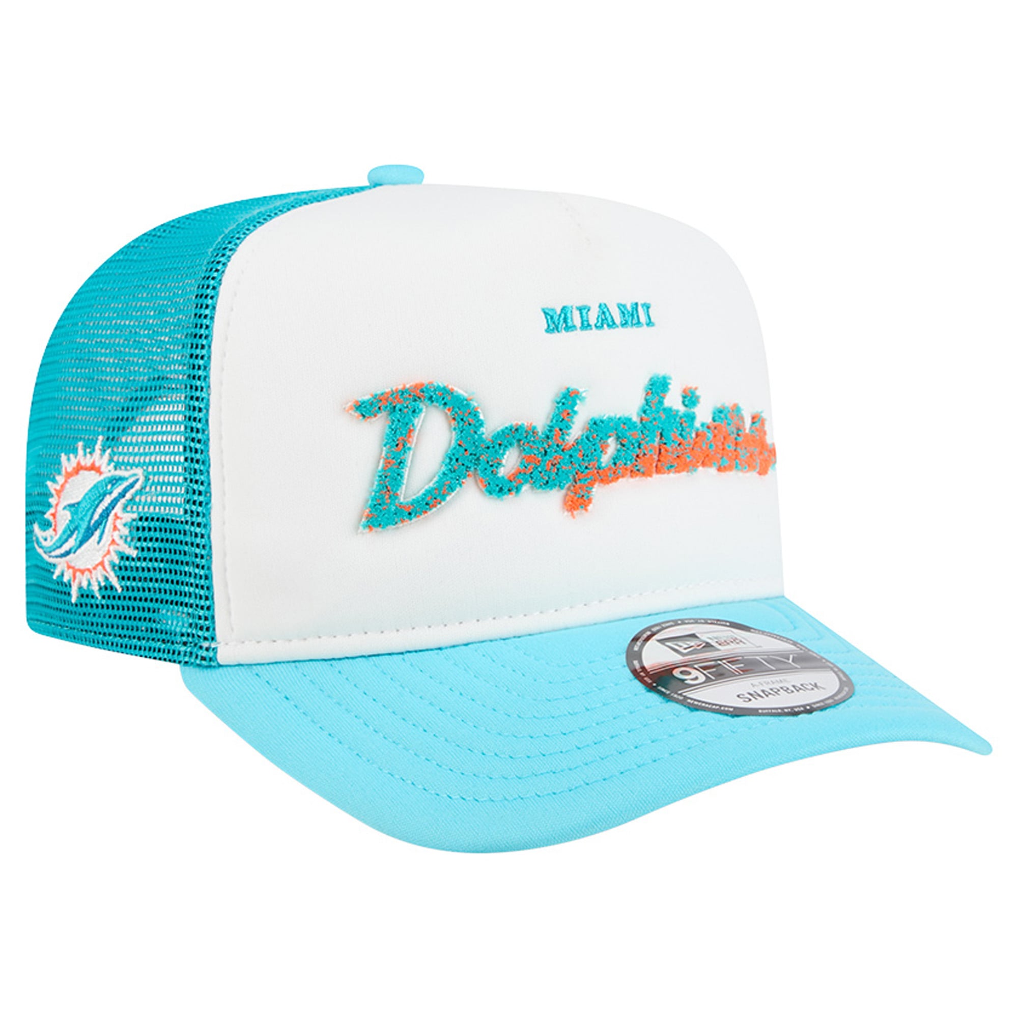 Men's New Era White/Aqua Miami Dolphins Foam A-Frame 9FIFTY Snapback Trucker Hat
