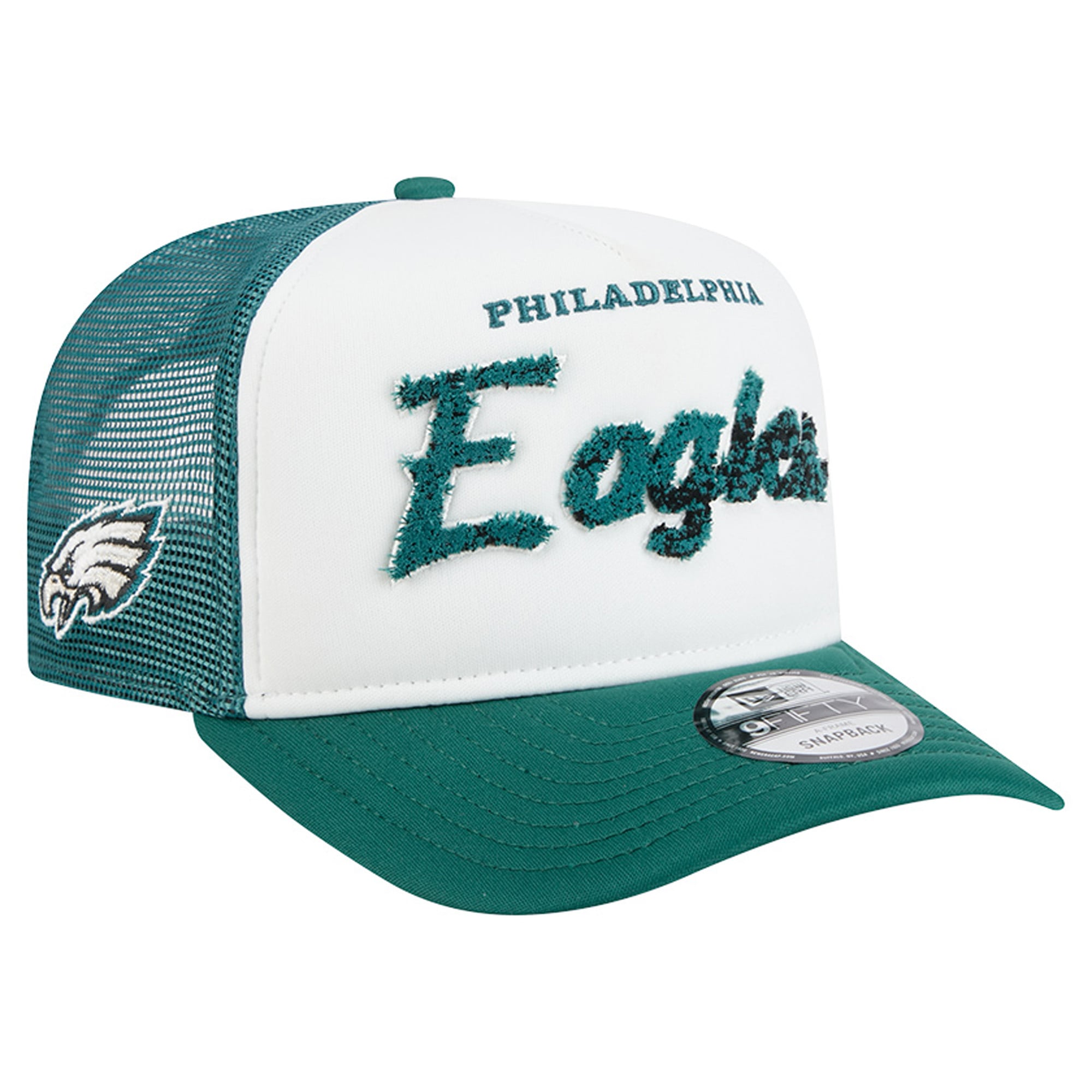 Men's New Era White/Midnight Green Philadelphia Eagles Foam A-Frame 9FIFTY Snapback Trucker Hat