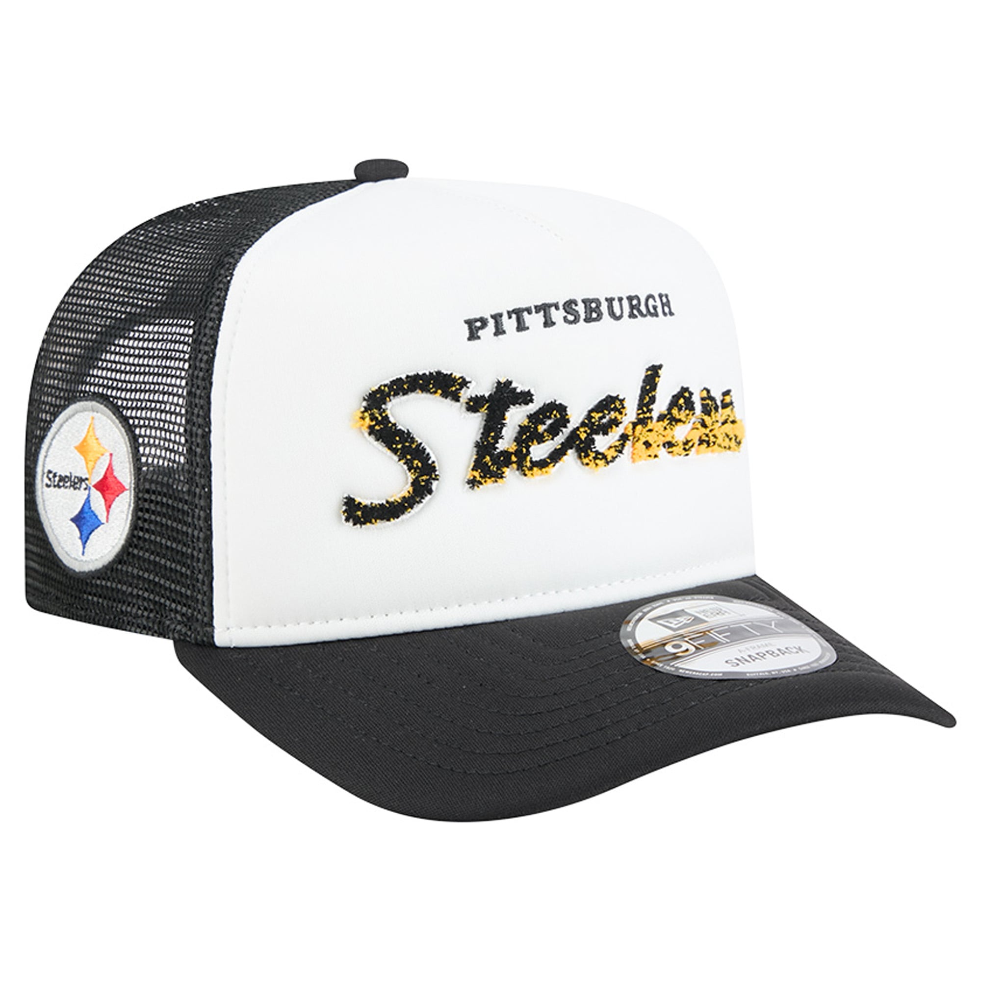 Men's New Era White/Black Pittsburgh Steelers Foam A-Frame 9FIFTY Snapback Trucker Hat
