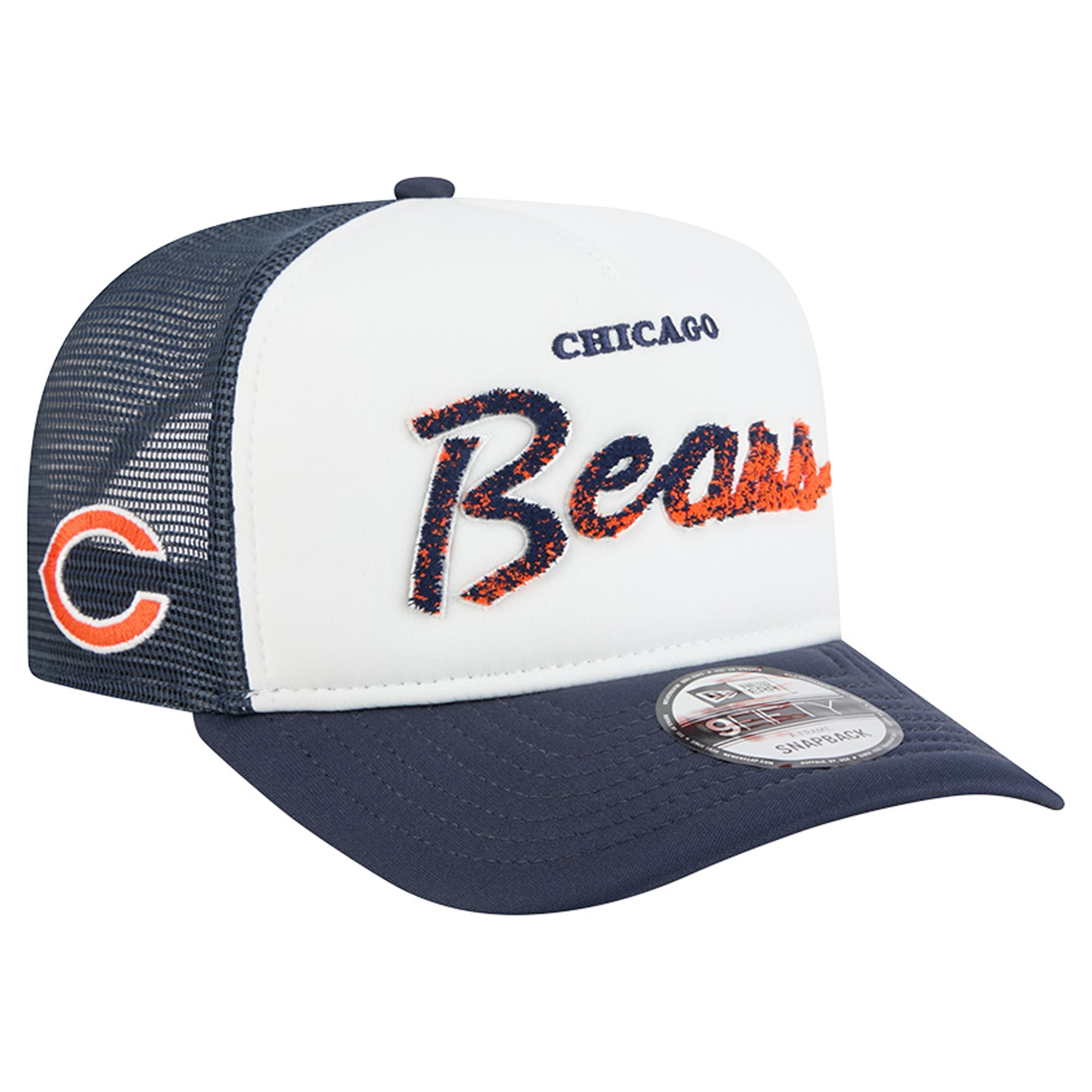 Men's New Era White/Navy Chicago Bears Foam A-Frame 9FIFTY Snapback Trucker Hat