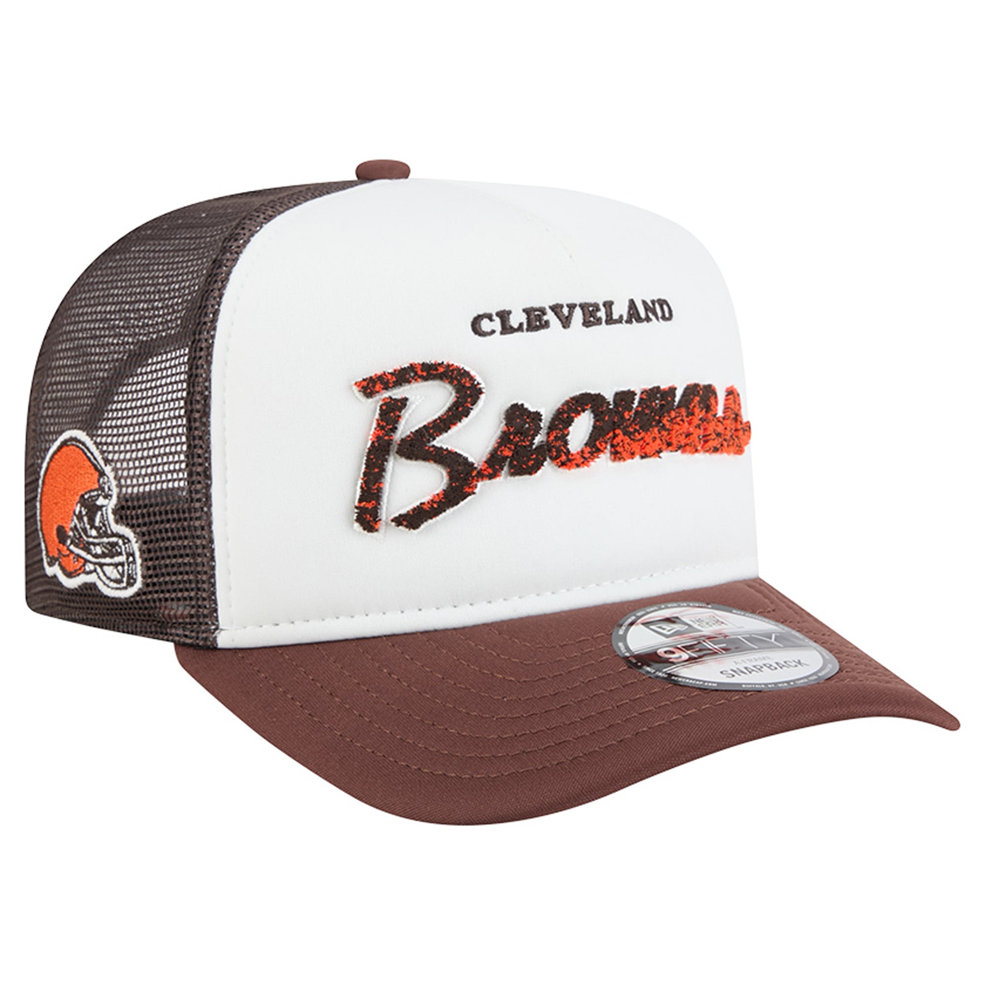 Men's New Era White/Brown Cleveland Browns Foam A-Frame 9FIFTY Snapback Trucker Hat
