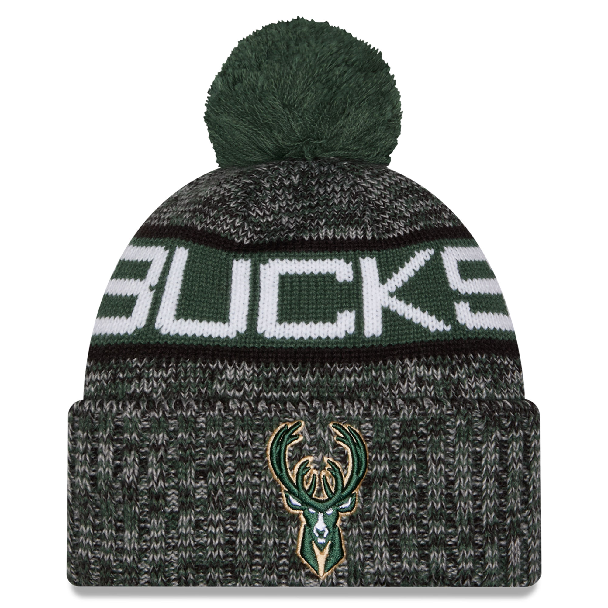 Youth New Era Black Milwaukee Bucks Tri-Color Cuffed Knit Hat with Pom