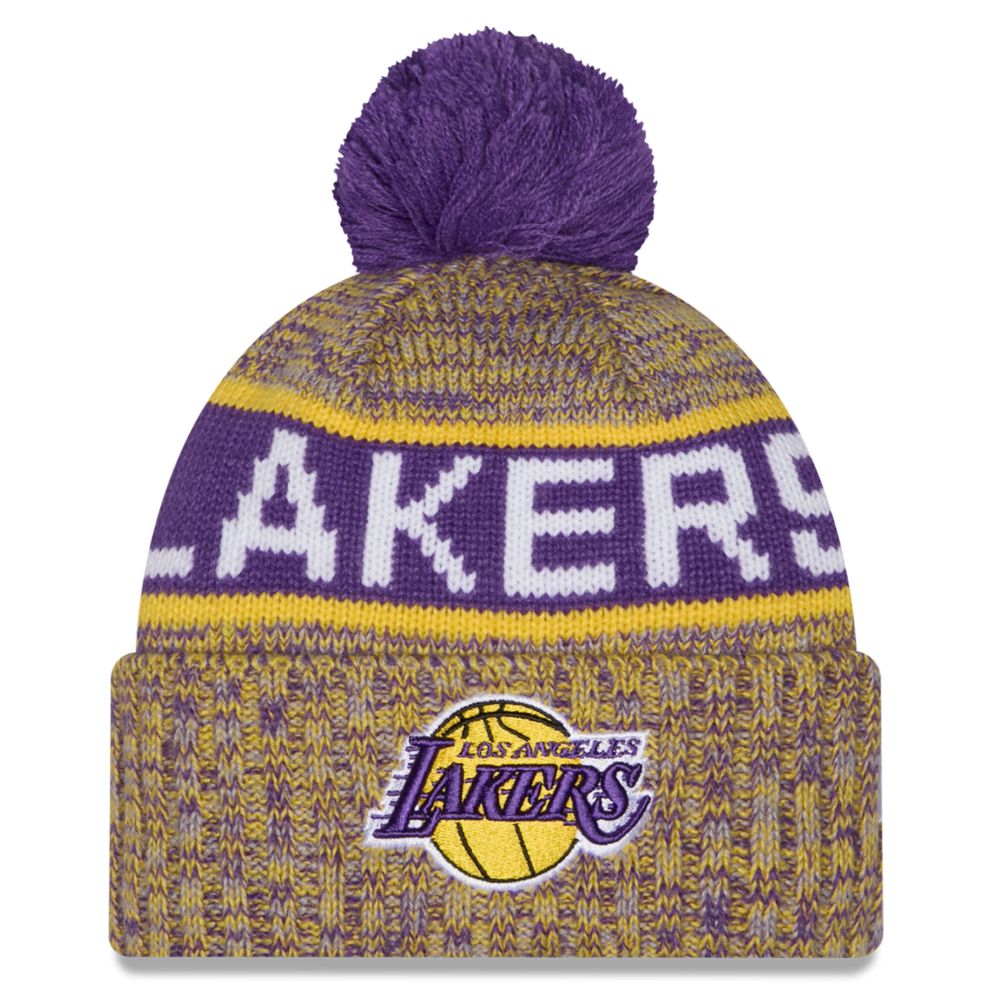 Youth New Era Gold Los Angeles Lakers Tri-Color Cuffed Knit Hat with Pom