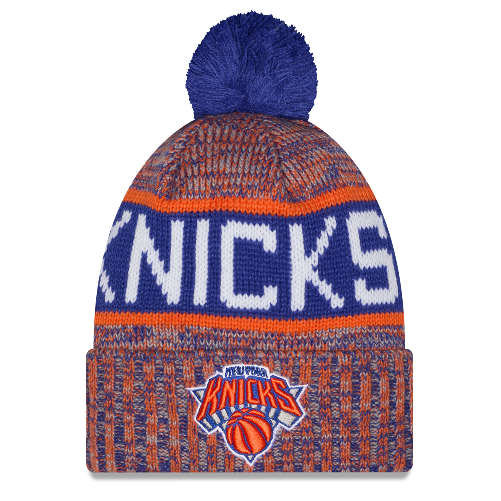 Youth New Era Orange New York Knicks Tri-Color Cuffed Knit Hat with Pom