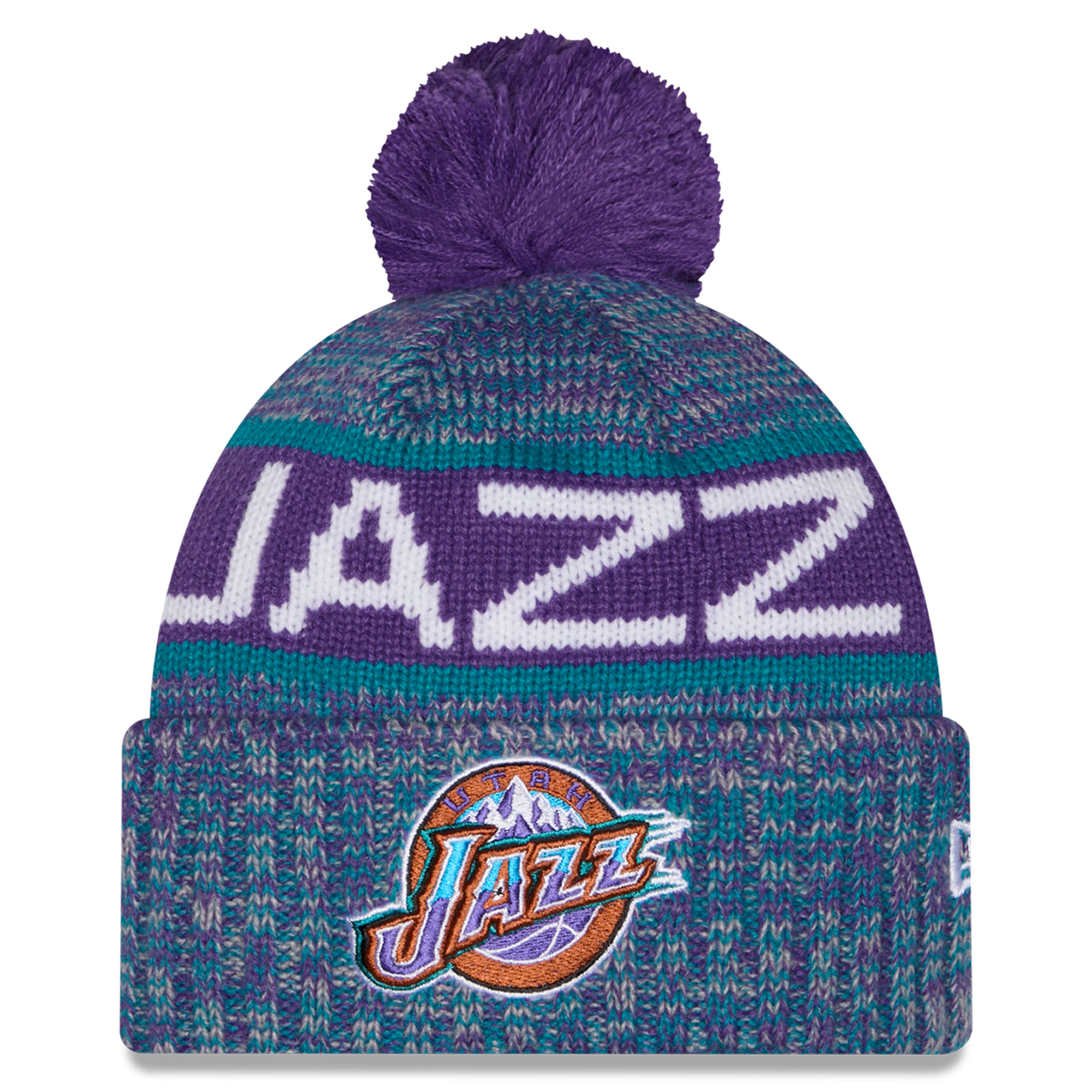 Youth New Era Purple Utah Jazz Alternate Tri-Color Cuffed Knit Hat with Pom