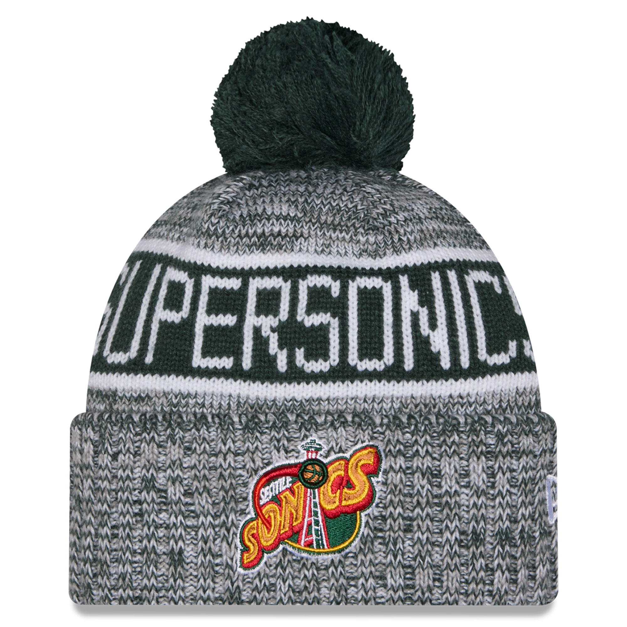 Youth New Era Green Seattle SuperSonics Tri-Color Cuffed Knit Hat with Pom