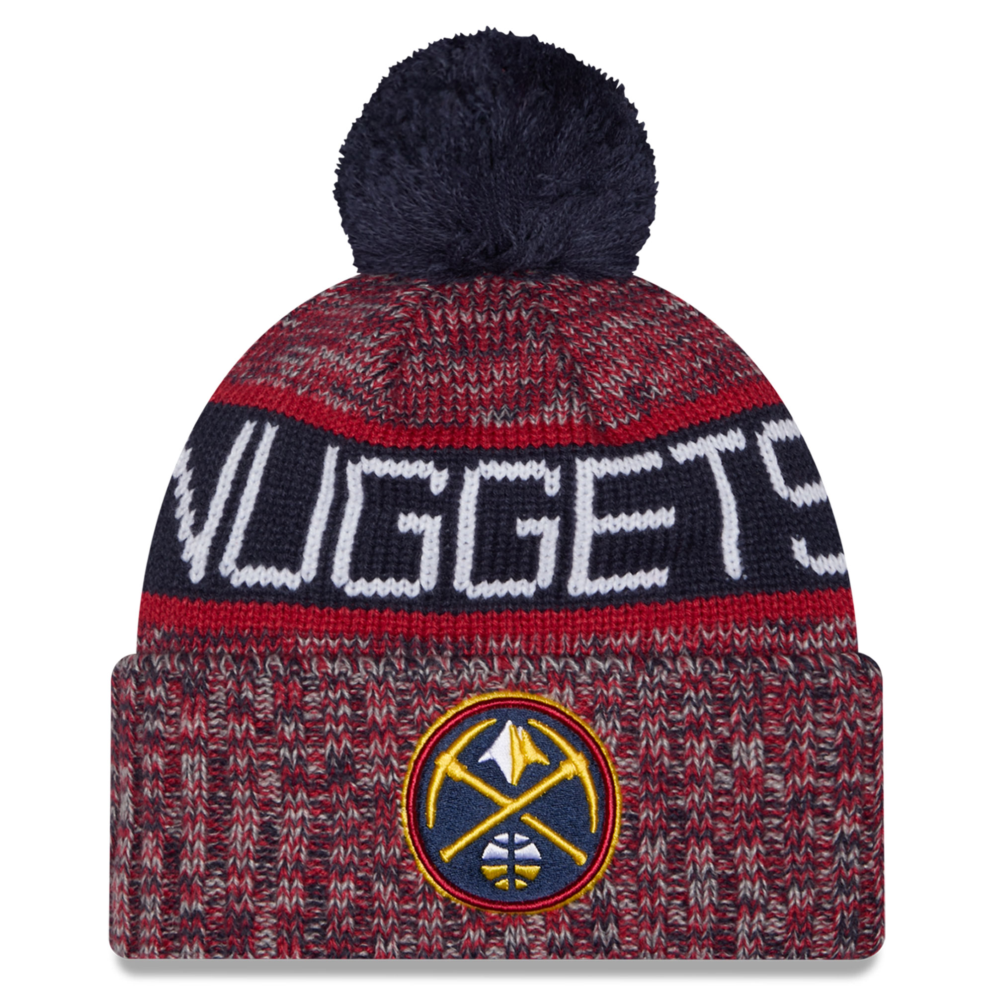 Youth New Era Navy Denver Nuggets Tri-Color Cuffed Knit Hat with Pom