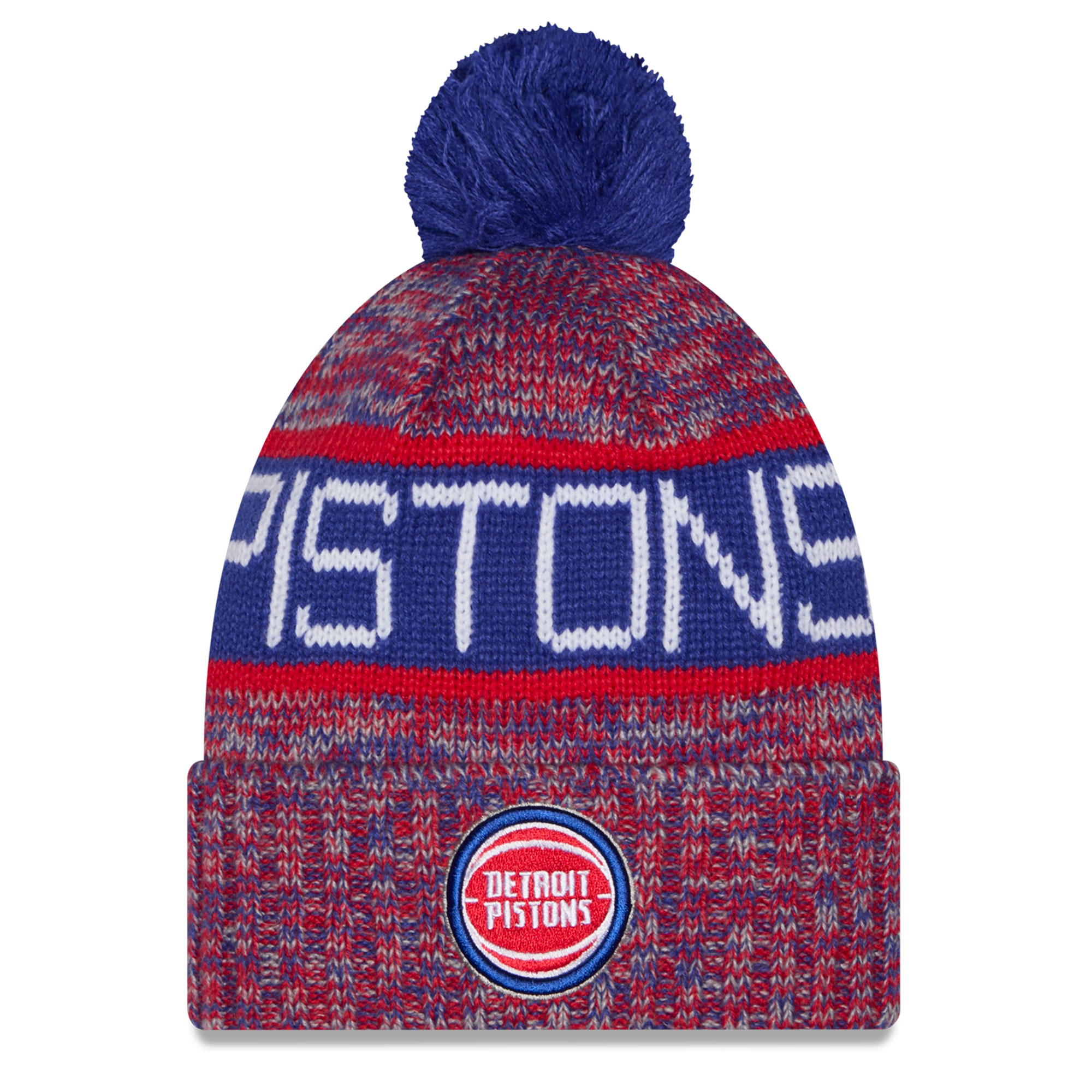 Youth New Era Blue Detroit Pistons Tri-Color Cuffed Knit Hat with Pom