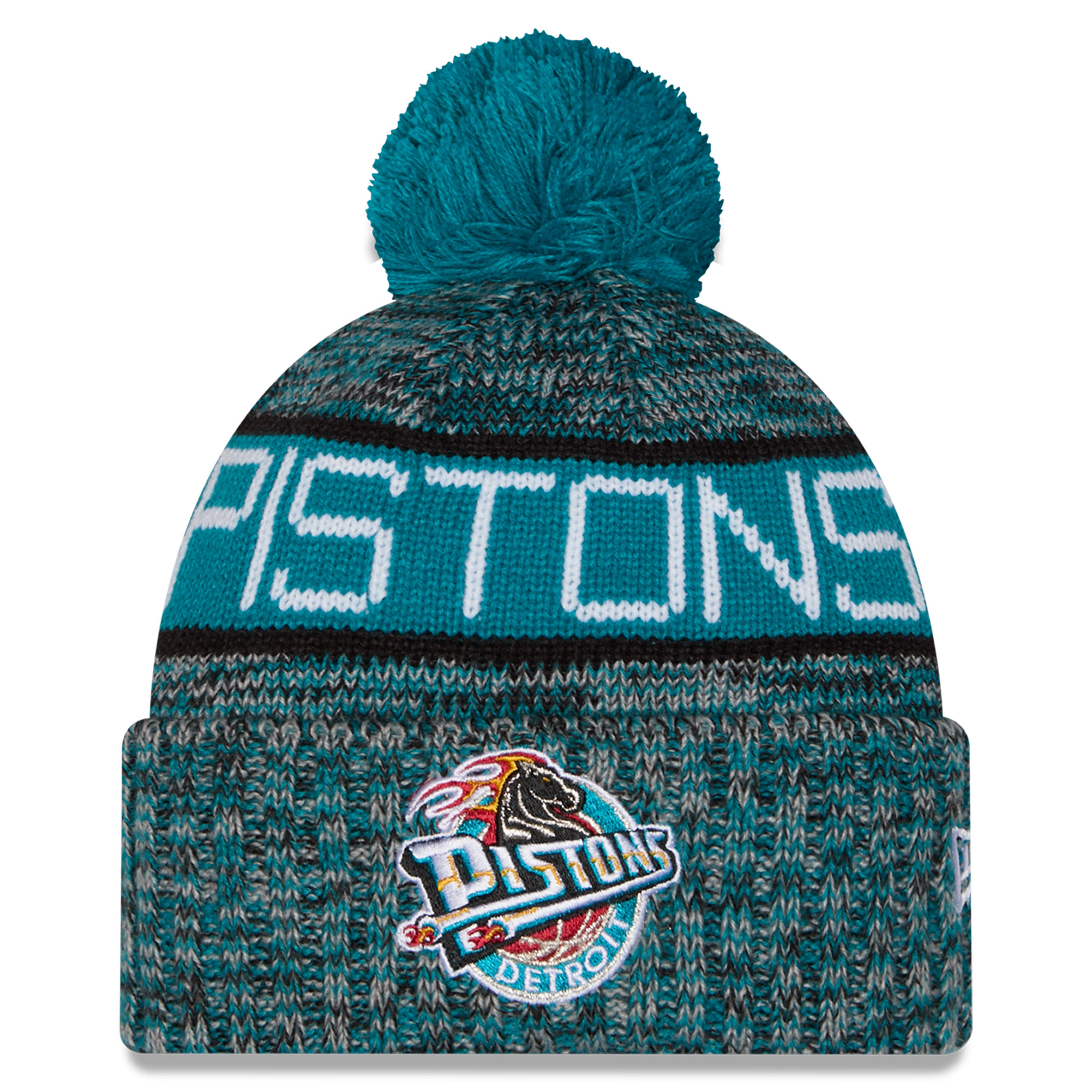 Youth New Era Teal Detroit Pistons Alternate Tri-Color Cuffed Knit Hat with Pom