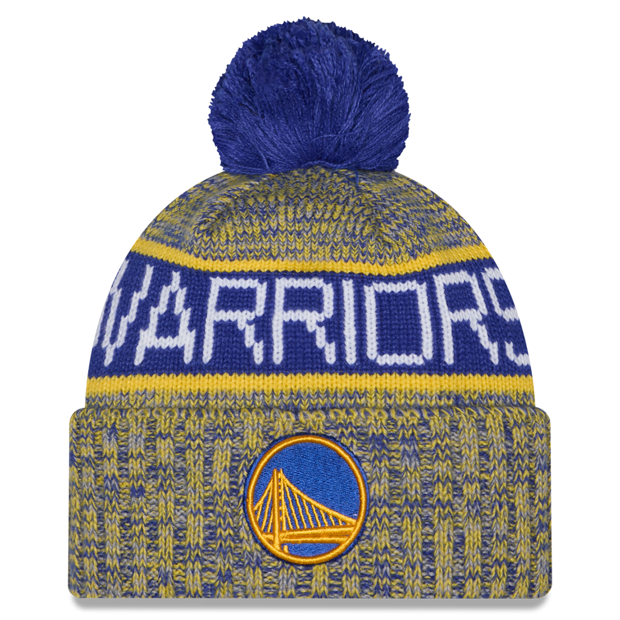Youth New Era Gold Golden State Warriors Tri-Color Cuffed Knit Hat with Pom