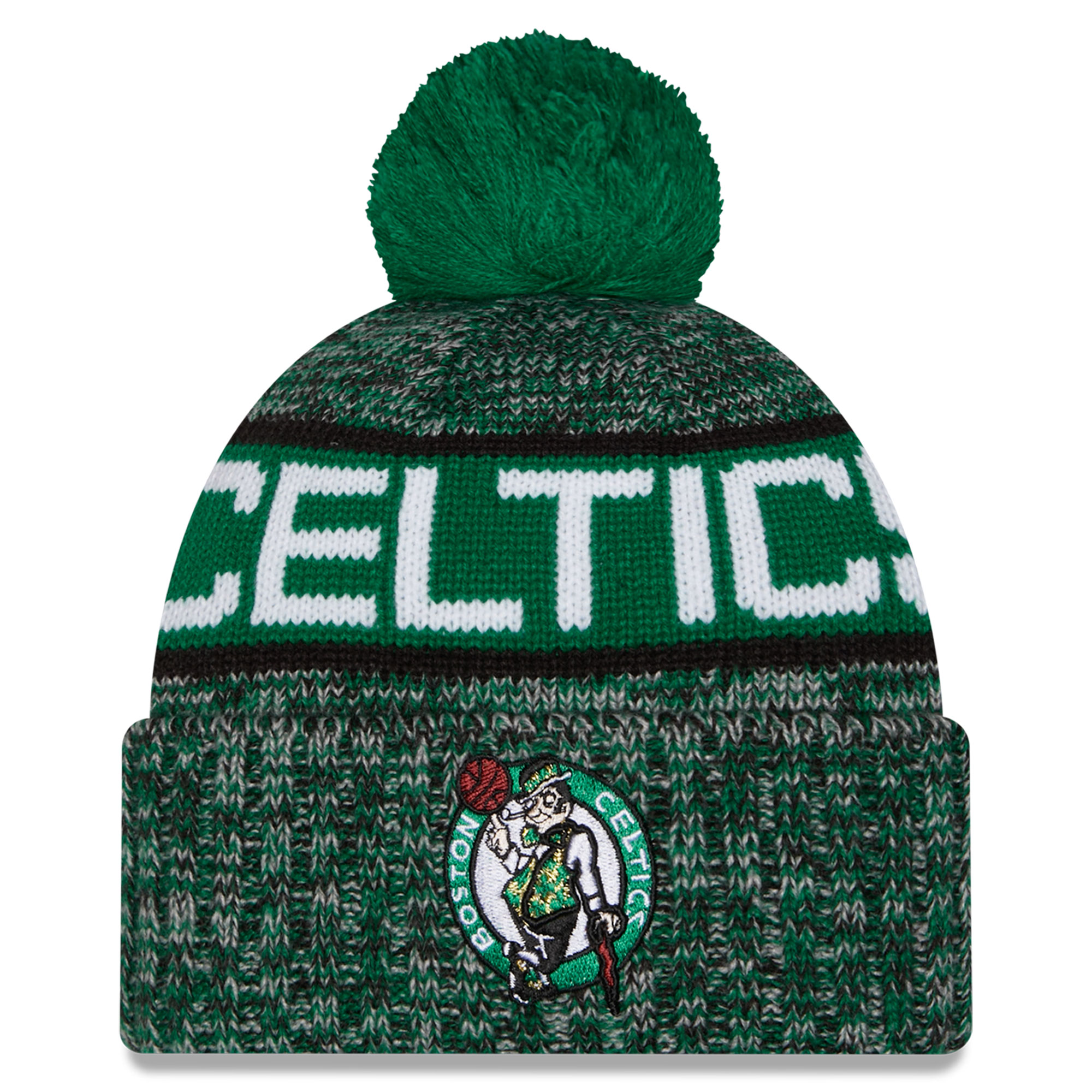 Youth New Era Kelly Green Boston Celtics Tri-Color Cuffed Knit Hat with Pom
