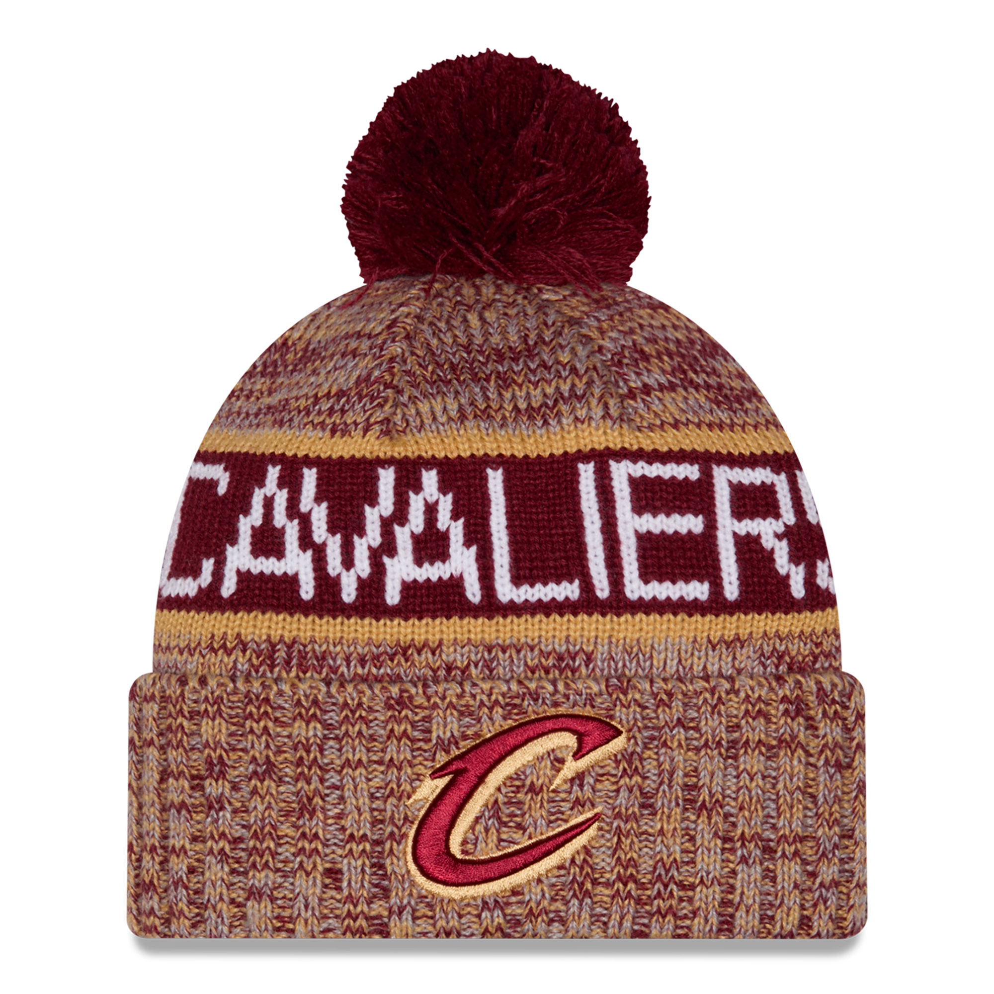 Youth New Era Wine Cleveland Cavaliers Tri-Color Cuffed Knit Hat with Pom