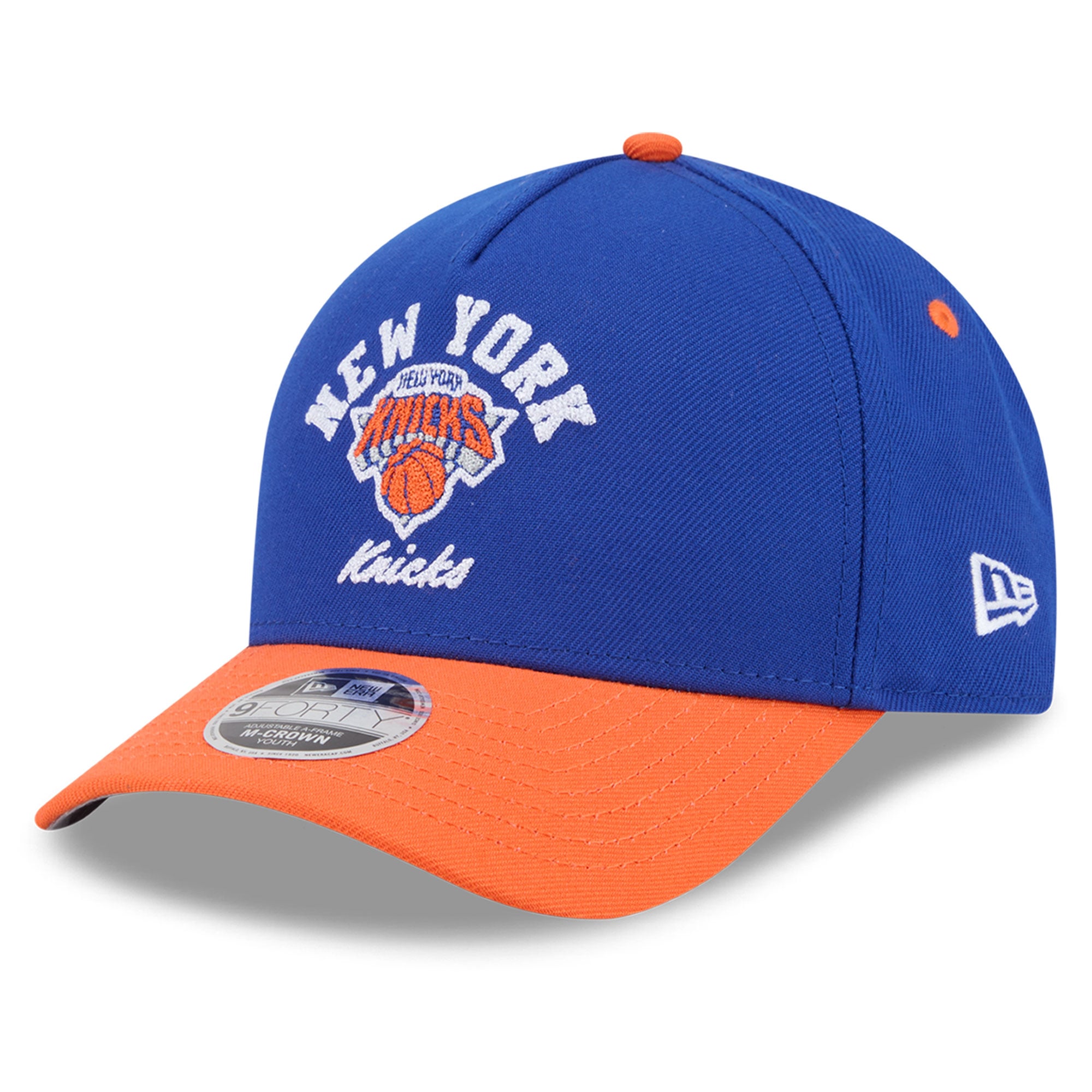 Youth New Era Blue/Orange New York Knicks Arch 9FORTY A-Frame M-Crown Adjustable Hat