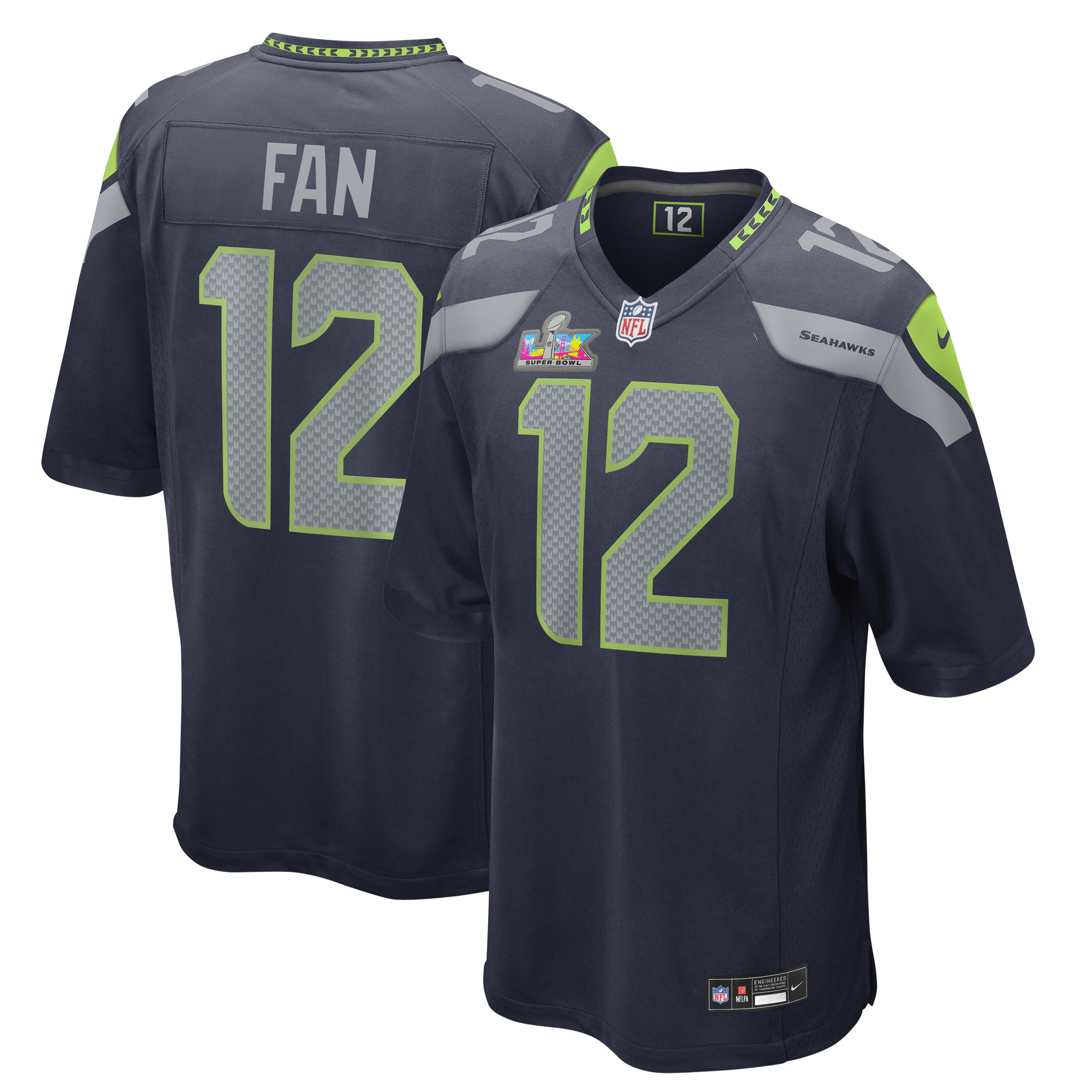 Men's Nike 12s College Navy Seattle Seahawks Super Bowl LX Patch Game Jersey: retailer-supplied image