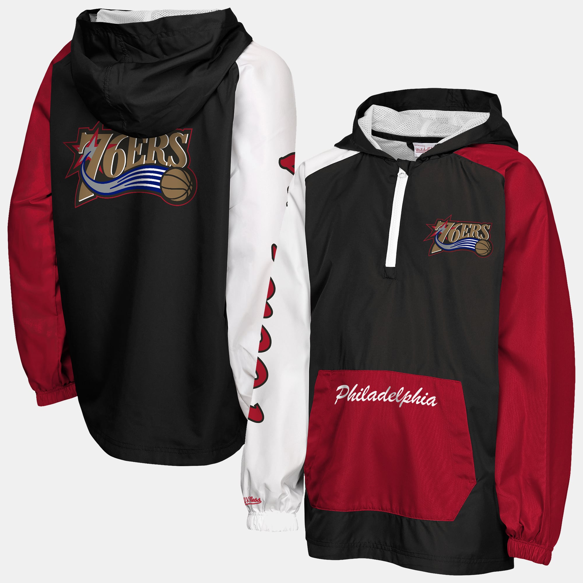 Youth Mitchell & Ness Black Philadelphia 76ers Playoff Anorak Quarter-Zip Windbreaker