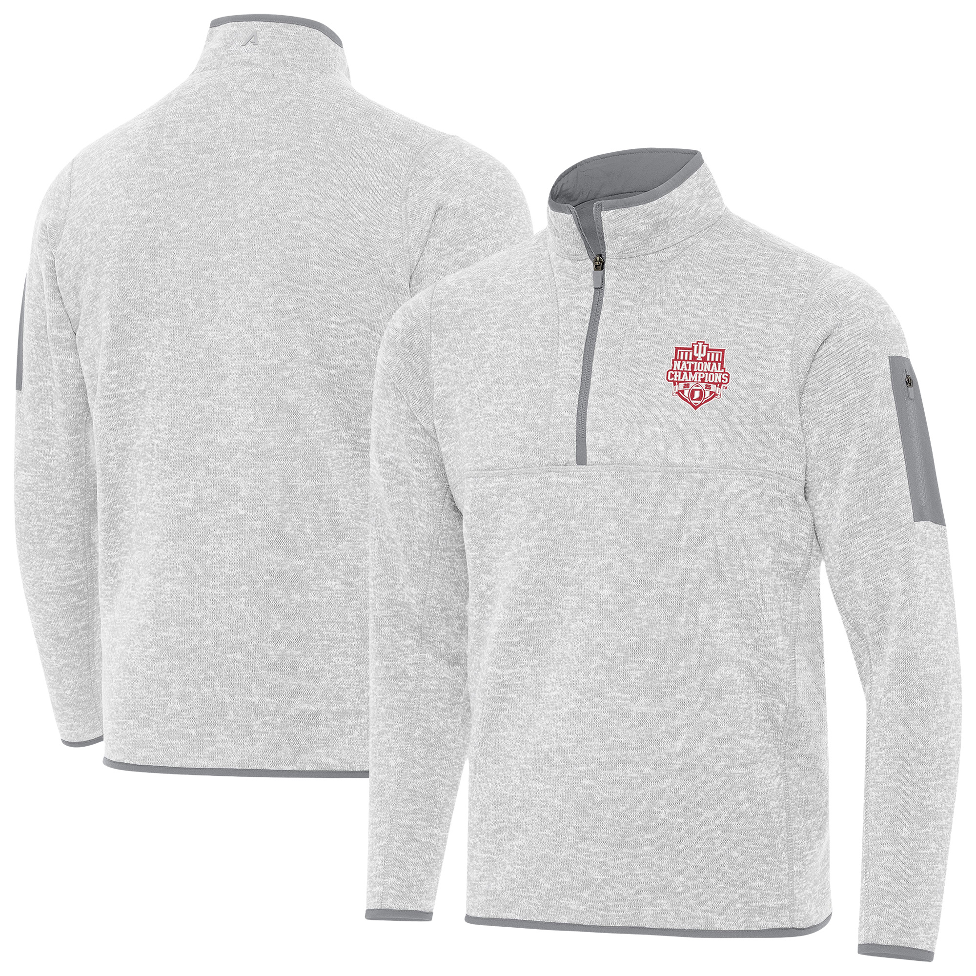 Men’s Antigua Heather Gray Indiana Hoosiers College Football Playoff 2025 National Champions Fortune Quarter-Zip Pullover Men’s Antigua Heather Gray Indiana Hoosiers College Football Playoff 2025 National Champions Fortune Quarter-Zip Pullover