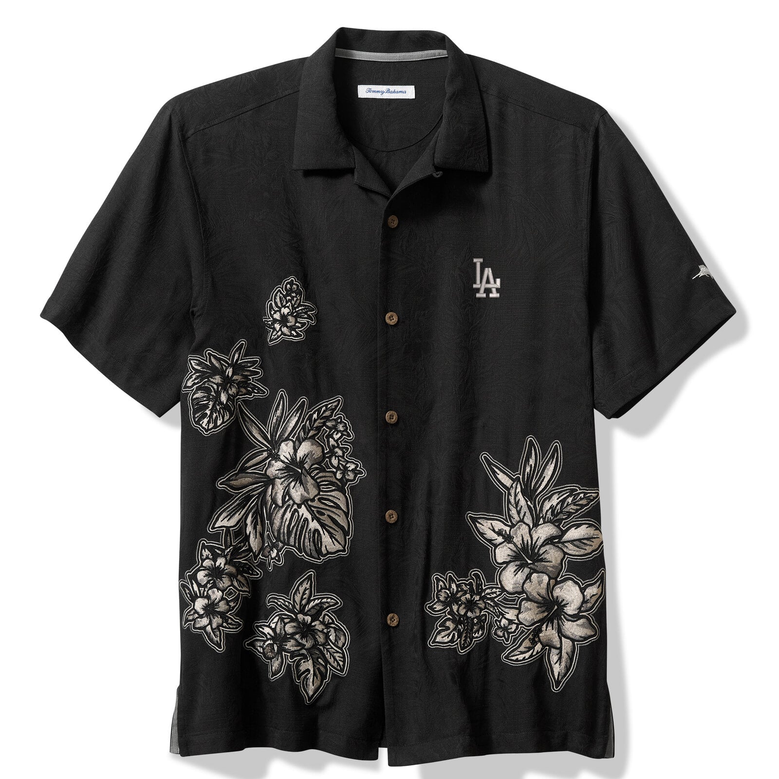 Men's Tommy Bahama  Black Los Angeles Dodgers Hibiscus Vibrations Camp Button-Up Silk Shirt