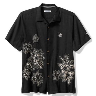 Men's Tommy Bahama Black Los Angeles Dodgers Hibiscus Vibrations Camp Button-Up Silk Shirt