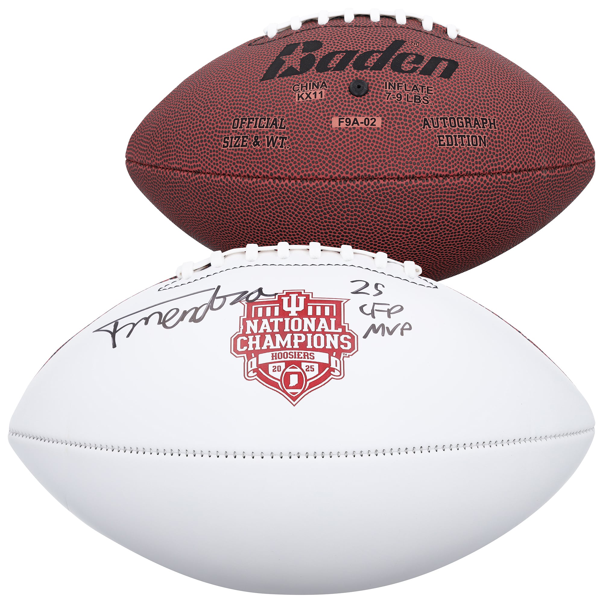 Fernando Mendoza Indiana Hoosiers Autographed College Football Playoff 2025 National Champions Baden White Panel Logo Football with "25 CFP MVP" Inscription