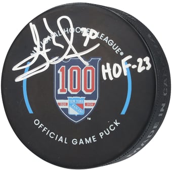 Henrik Lundqvist New York Rangers Autographed 100th Anniversary Official Game Puck with "HOF 23" Inscription