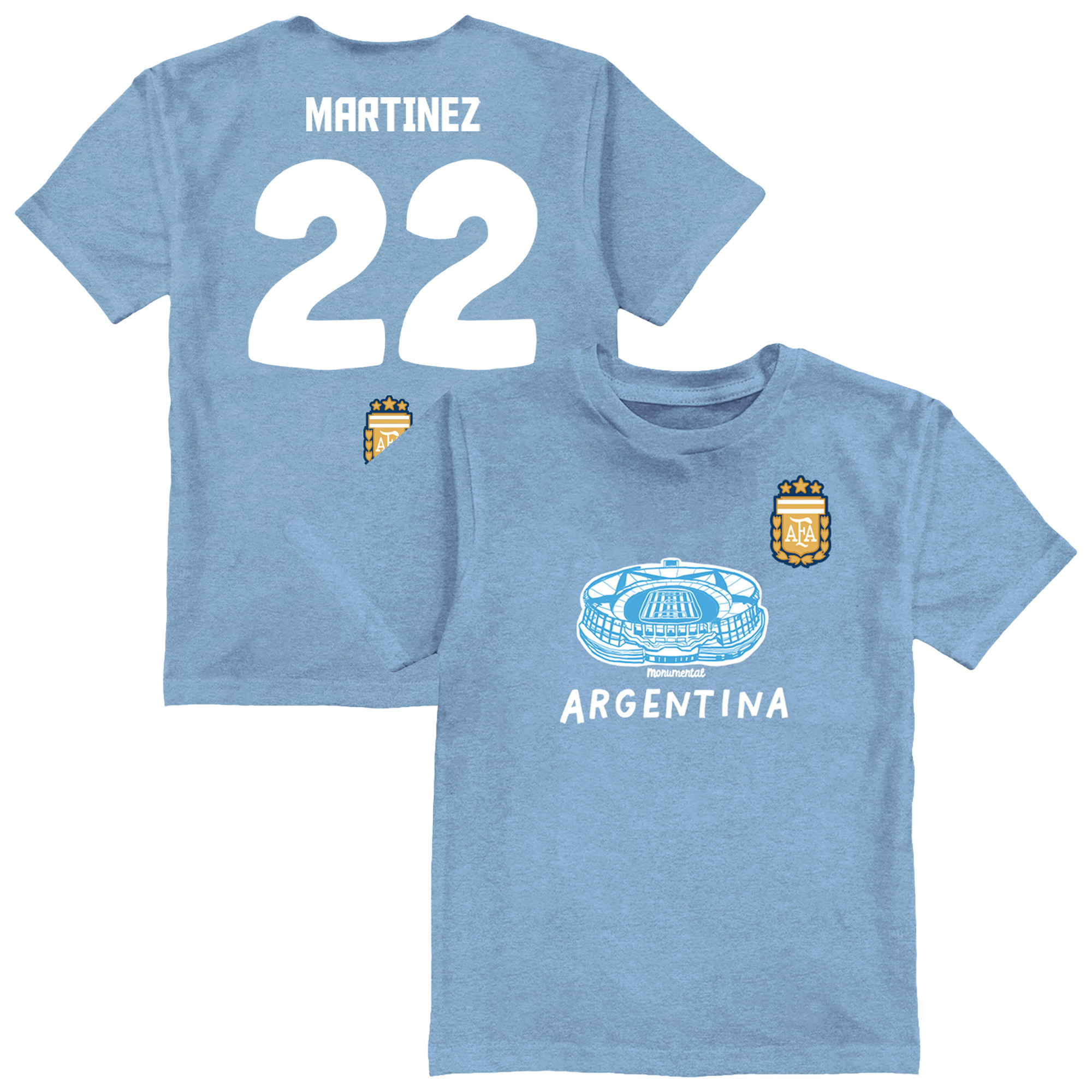 Youth Vive La Fete Lautaro Martinez Light Blue Argentina National Team Player Name & Number Stadium Style T-Shirt