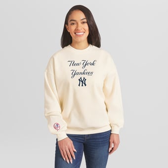 Women's WEAR by Erin Andrews Cream New York Yankees Heavyweight Crew Neck Sweatshirt