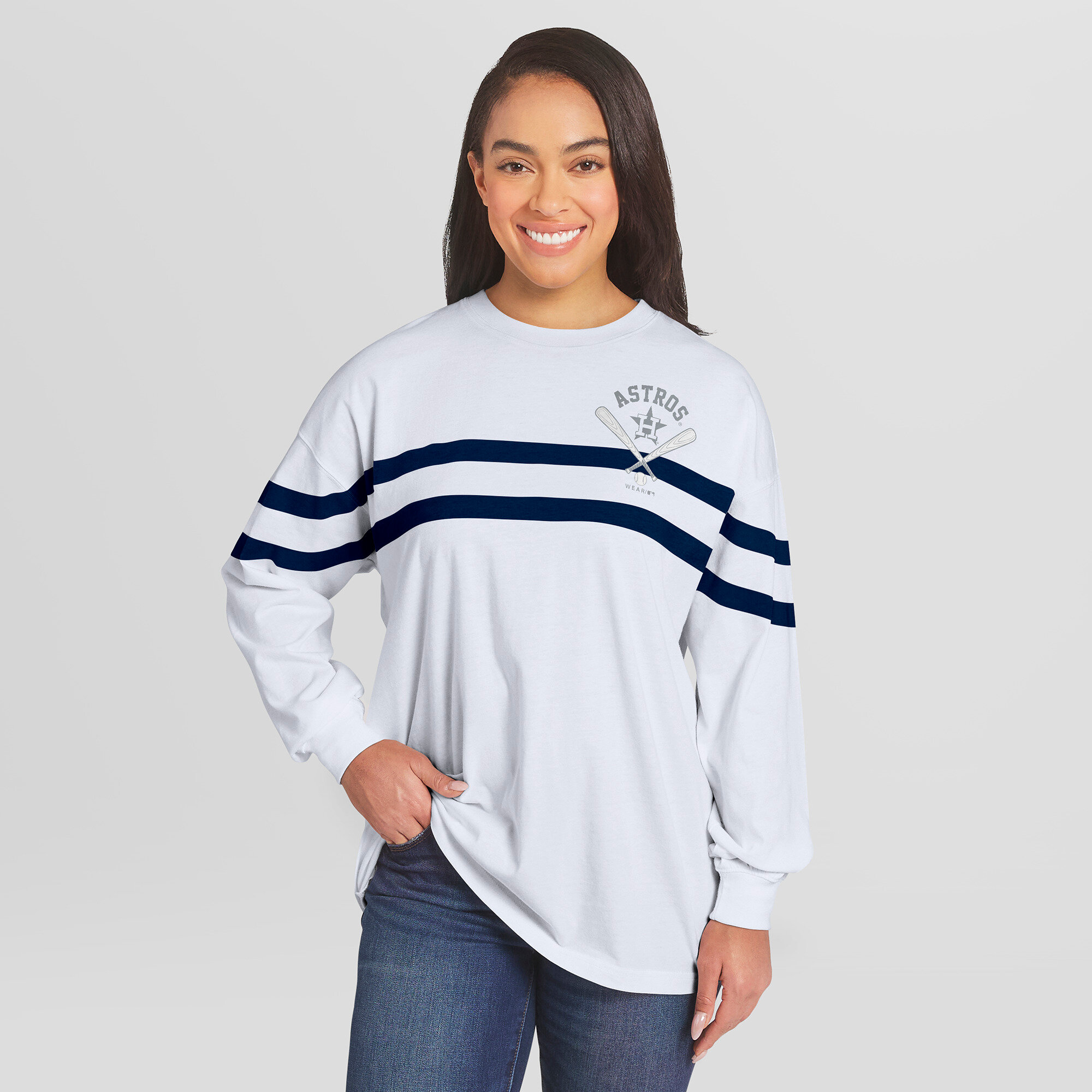 Women’s WEAR by Erin Andrews White Houston Astros Oversized Long Sleeve Striped T-Shirt Women’s WEAR by Erin Andrews White Houston Astros Oversized Long Sleeve Striped T-Shirt