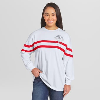 Women's WEAR by Erin Andrews  White Philadelphia Phillies Oversized Long Sleeve Striped T-Shirt