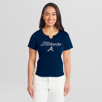 Women's WEAR by Erin Andrews  Navy Atlanta Braves Notch Neck Cropped T-Shirt