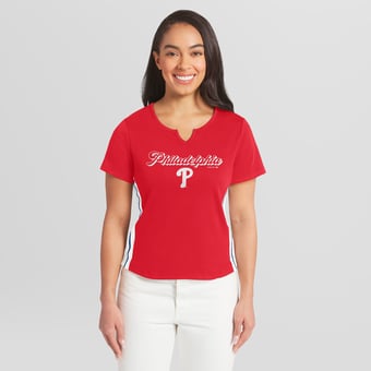 Women's WEAR by Erin Andrews  Red Philadelphia Phillies Notch Neck Cropped T-Shirt