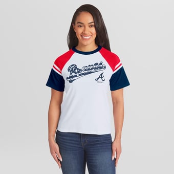 Women's WEAR by Erin Andrews White Atlanta Braves Striped Raglan T-Shirt