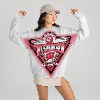 Women's Gameday Couture Heather Gray Wisconsin Badgers Chasing Victory Rhinestone Spray Oversized Fleece Sweatshirt