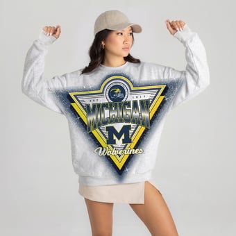 Women's Gameday Couture Heather Gray Michigan Wolverines Chasing Victory Rhinestone Spray Oversized Fleece Sweatshirt