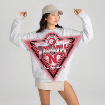 Women's Gameday Couture Heather Gray Nebraska Huskers Chasing Victory Rhinestone Spray Oversized Fleece Sweatshirt