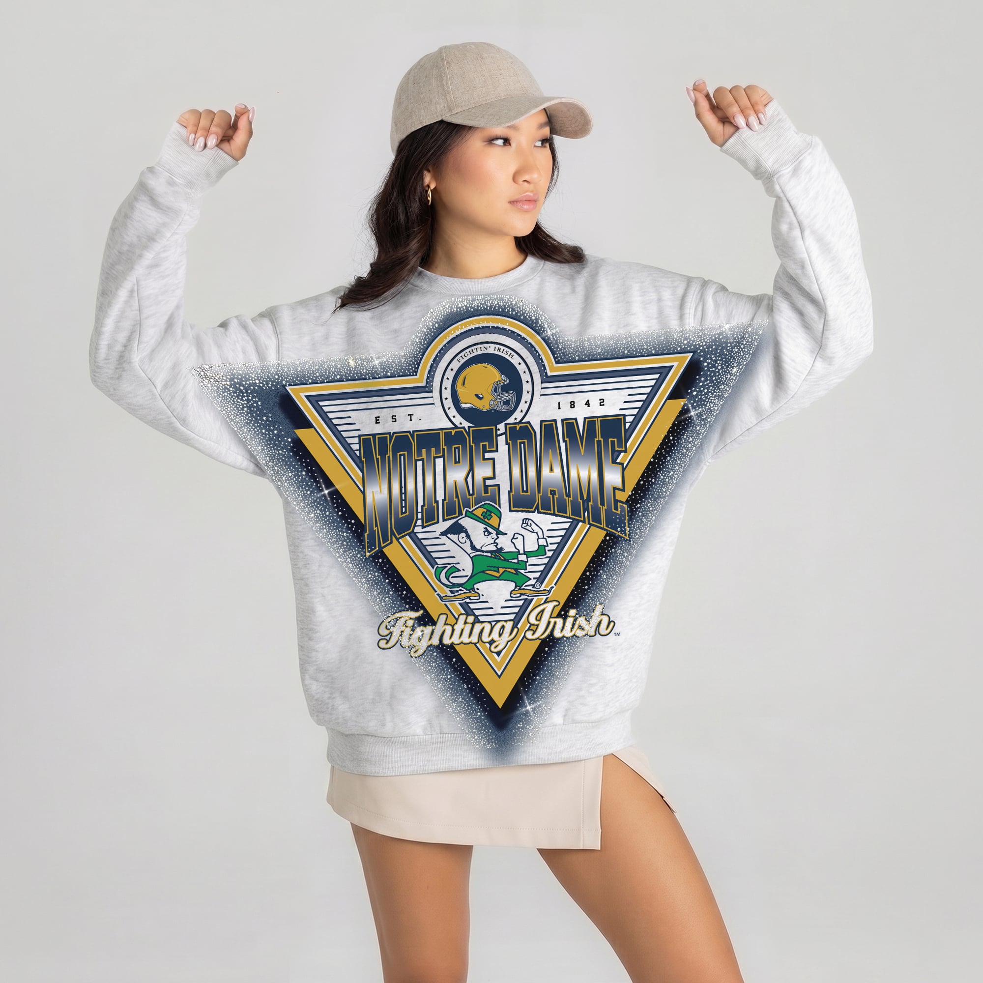 Women's Gameday Couture Gray Notre Dame Fighting Irish Chasing Victory Rhinestone Spray Oversized Fleece Sweatshirt