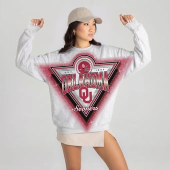 Women's Gameday Couture Heather Gray Oklahoma Sooners Chasing Victory Rhinestone Spray Oversized Fleece Sweatshirt
