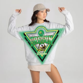 Women's Gameday Couture Heather Gray Oregon Ducks Chasing Victory Rhinestone Spray Oversized Fleece Sweatshirt