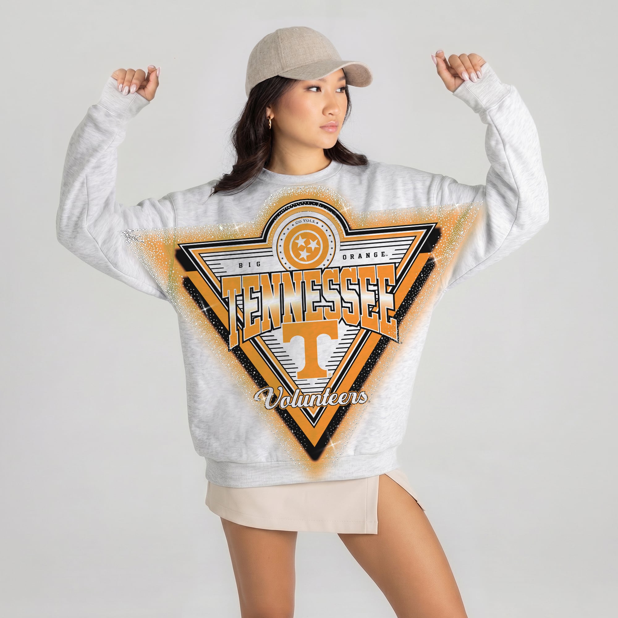 Women's Gameday Couture Gray Tennessee Volunteers Chasing Victory Rhinestone Spray Oversized Fleece Sweatshirt
