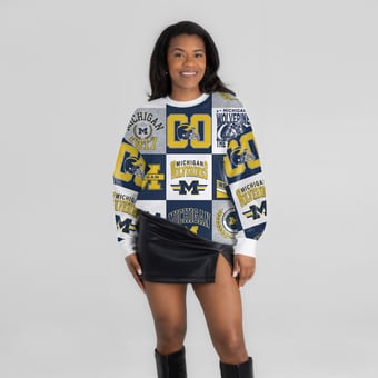 Women's Gameday Couture  Navy Michigan Wolverines Highlight Reel Patchwork Long Sleeve Pullover