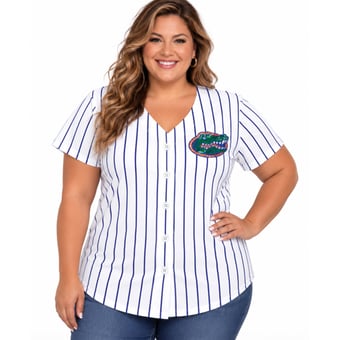 Women's Profile White/Royal Florida Gators Plus Size Stripe Glitter Button-Up Fashion Jersey Top