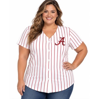 Women's Profile White/Crimson Alabama Crimson Tide Plus Size Stripe Glitter Button-Up Fashion Jersey Top