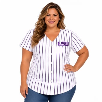 Women's Profile White/Purple LSU Tigers Plus Size Stripe Glitter Button-Up Fashion Jersey Top