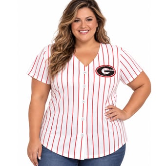 Women's Profile White/Red Georgia Bulldogs Plus Size Stripe Glitter Button-Up Fashion Jersey Top