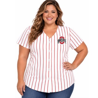 Women's Profile White/Scarlet Ohio State Buckeyes Plus Size Stripe Glitter Button-Up Fashion Jersey Top