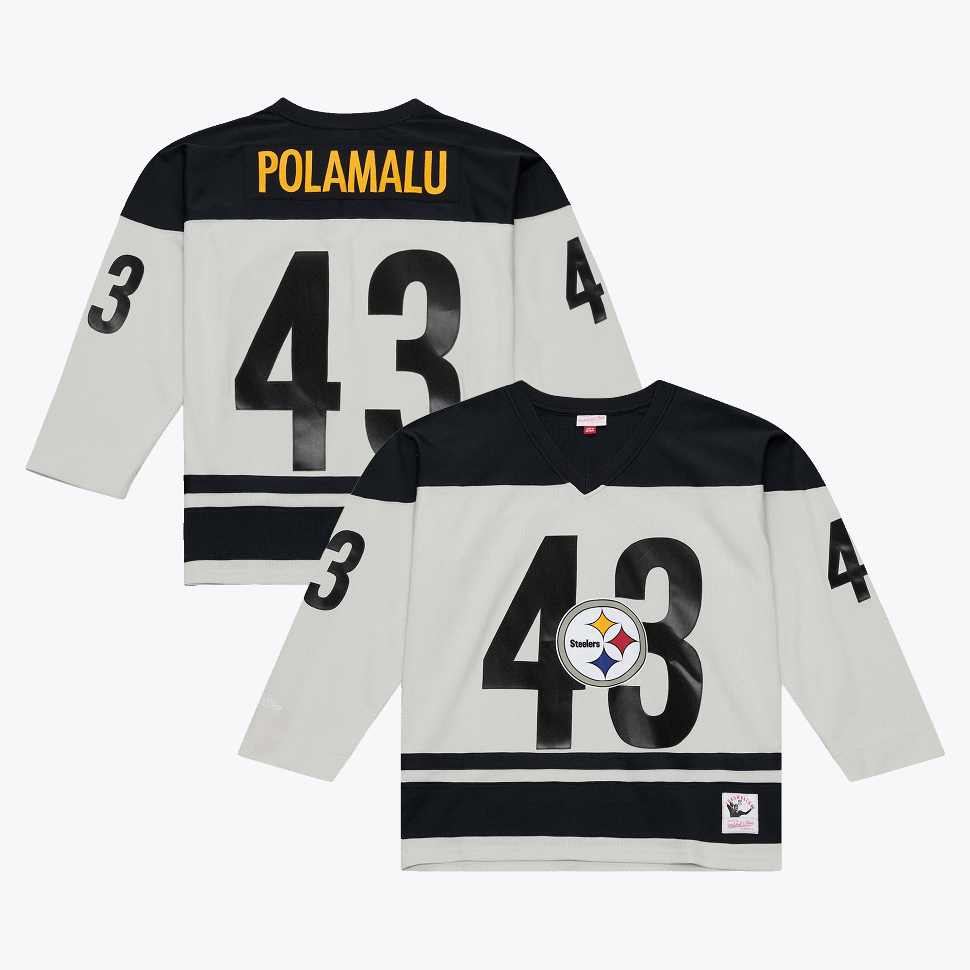 Men's Mitchell & Ness Troy Polamalu Gray Pittsburgh Steelers Too Maxxed Out Hockey Fashion Jersey T-Shirt
