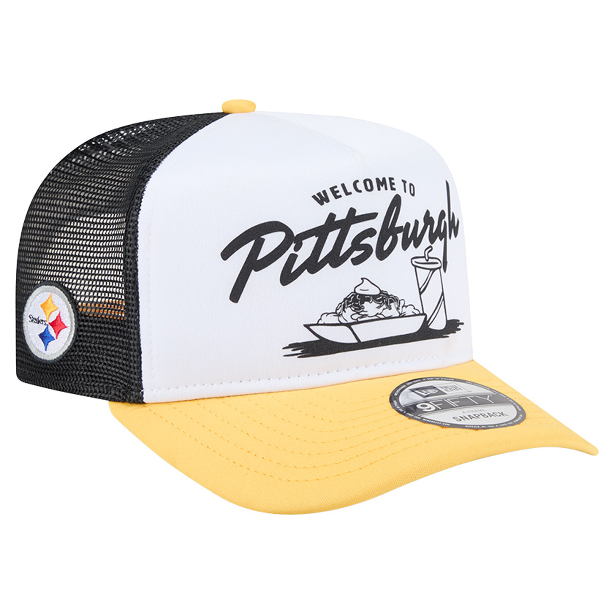 Men's New Era White/Gold Pittsburgh Steelers Foodie 9FIFTY A-Frame Trucker Snapback Hat