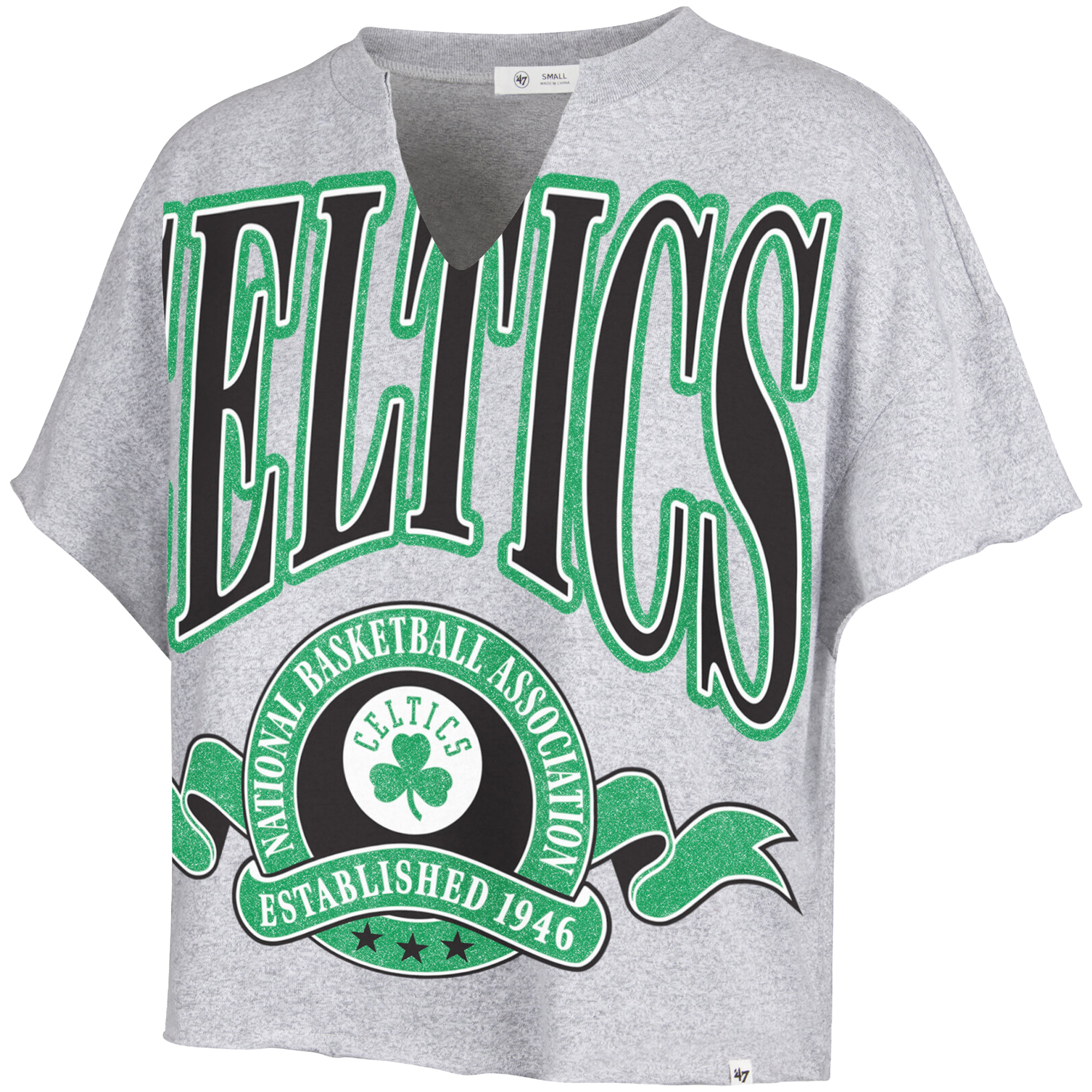 Women's '47 Gray Boston Celtics Banners Out Oversized Notch Neck T-Shirt