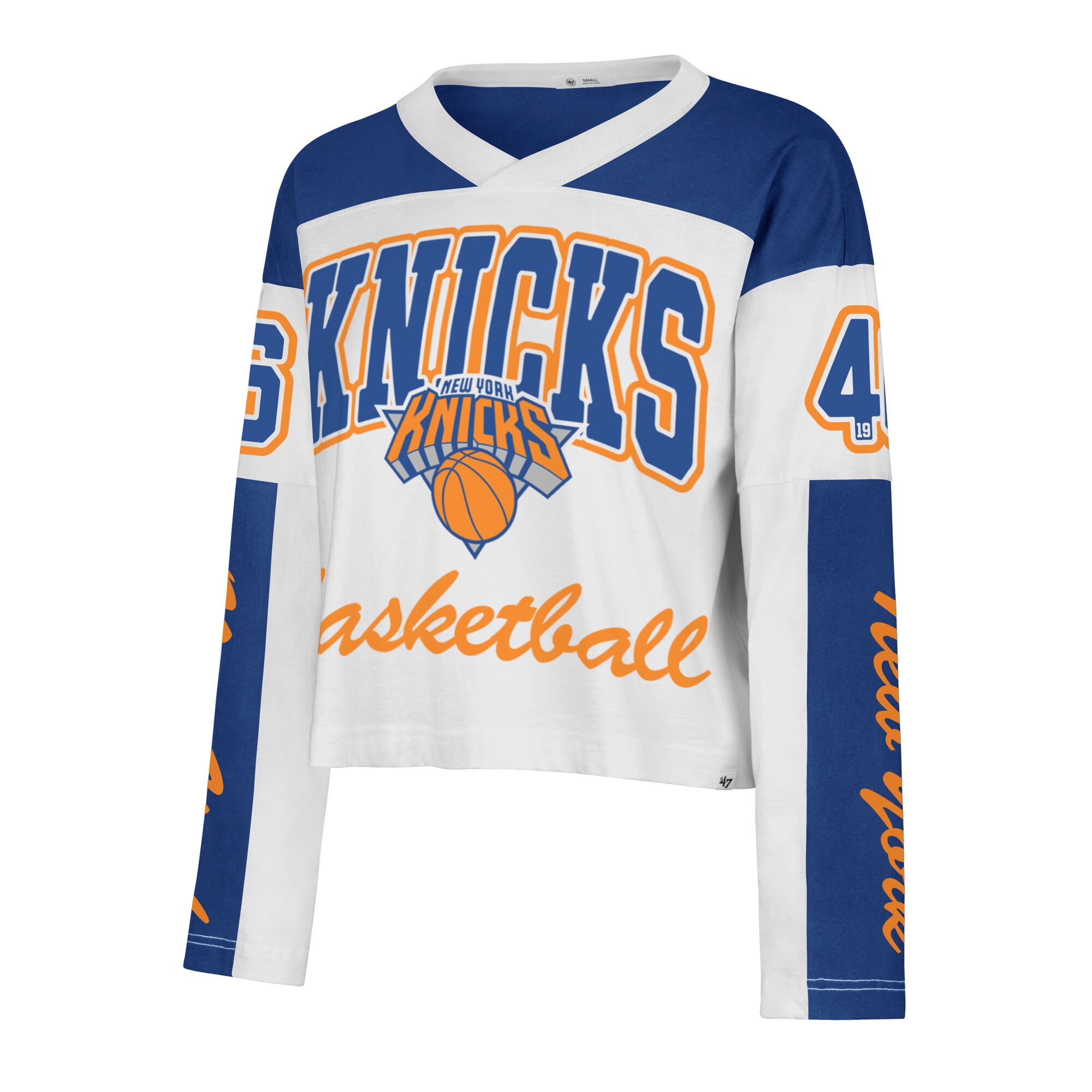 Women's '47 White New York Knicks Cropped Exclamation Metro Jersey Long Sleeve T-Shirt