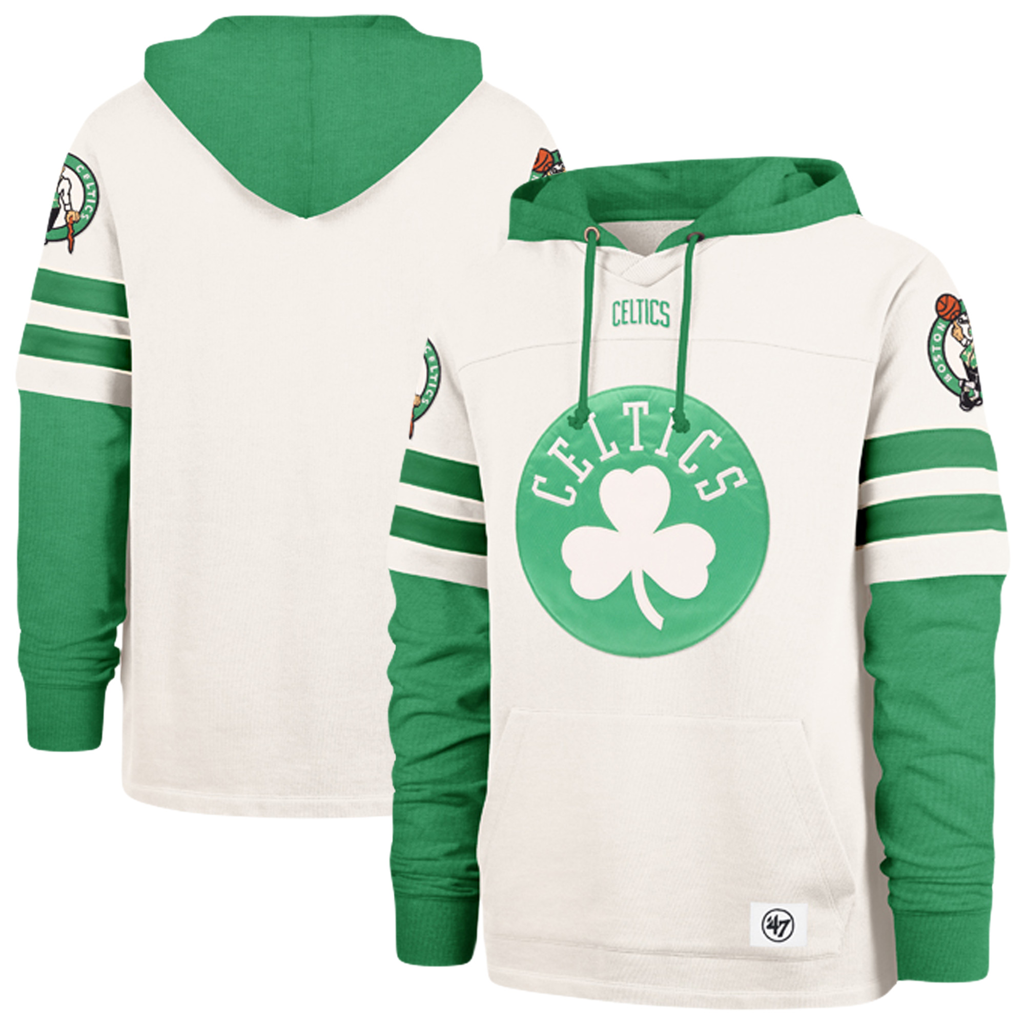 Men's '47  Cream/Kelly Green Boston Celtics Split Zone Cornerback Duo Fleece Hoodie